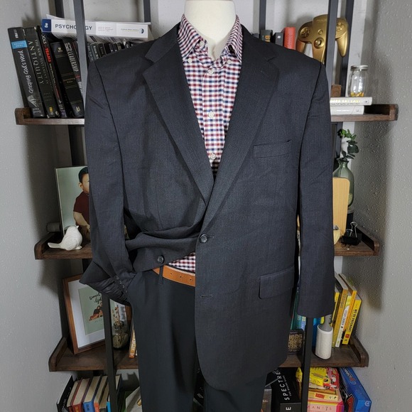 Joseph Feiss Men's Suit Jacket‎ Two Button Solid Charcoal Blk Twill Wool 48R